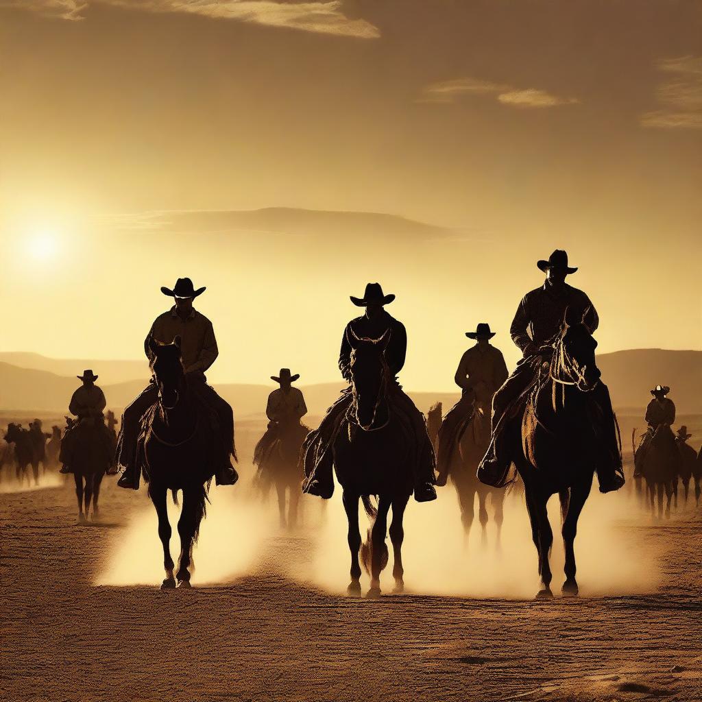 A classic western scene with cowboys on horseback, a dusty desert town, saloons, and a dramatic sunset in the background