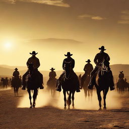 A classic western scene with cowboys on horseback, a dusty desert town, saloons, and a dramatic sunset in the background