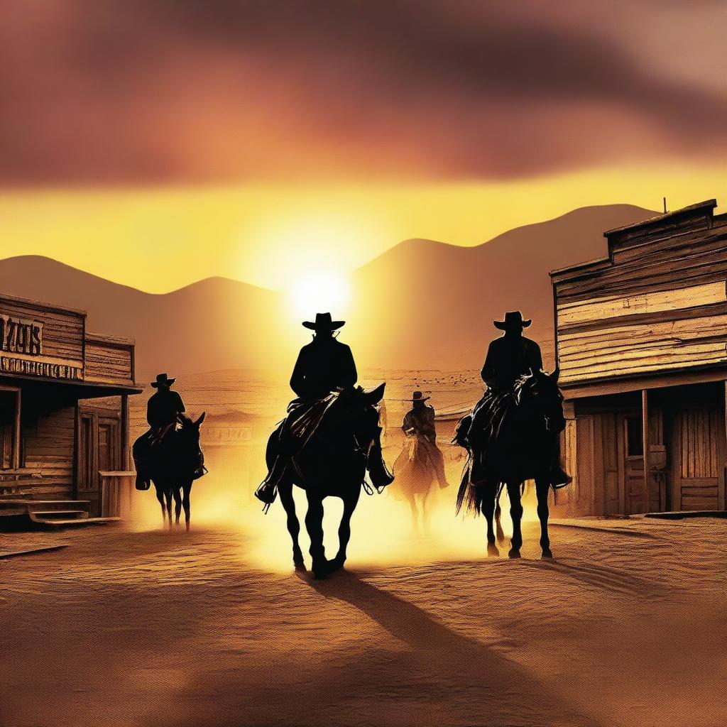 A classic western scene with cowboys on horseback, a dusty desert town, saloons, and a dramatic sunset in the background