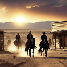 A classic western scene with cowboys on horseback, a dusty desert town, saloons, and a dramatic sunset in the background