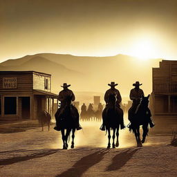 A classic western scene with cowboys on horseback, a dusty desert town, saloons, and a dramatic sunset in the background