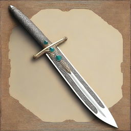 A detailed image of a dagger with an ornate handle and a sharp, gleaming blade