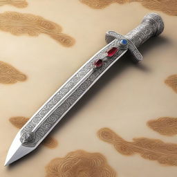 A detailed image of a dagger with an ornate handle and a sharp, gleaming blade