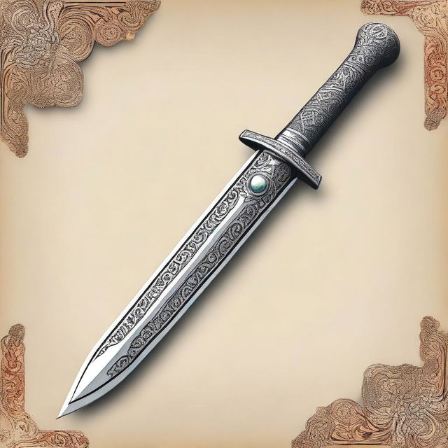 A detailed image of a dagger with an ornate handle and a sharp, gleaming blade