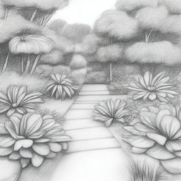 A detailed pencil sketch of a garden, ready to be painted