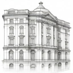 A detailed pencil sketch of a building, ready to be painted