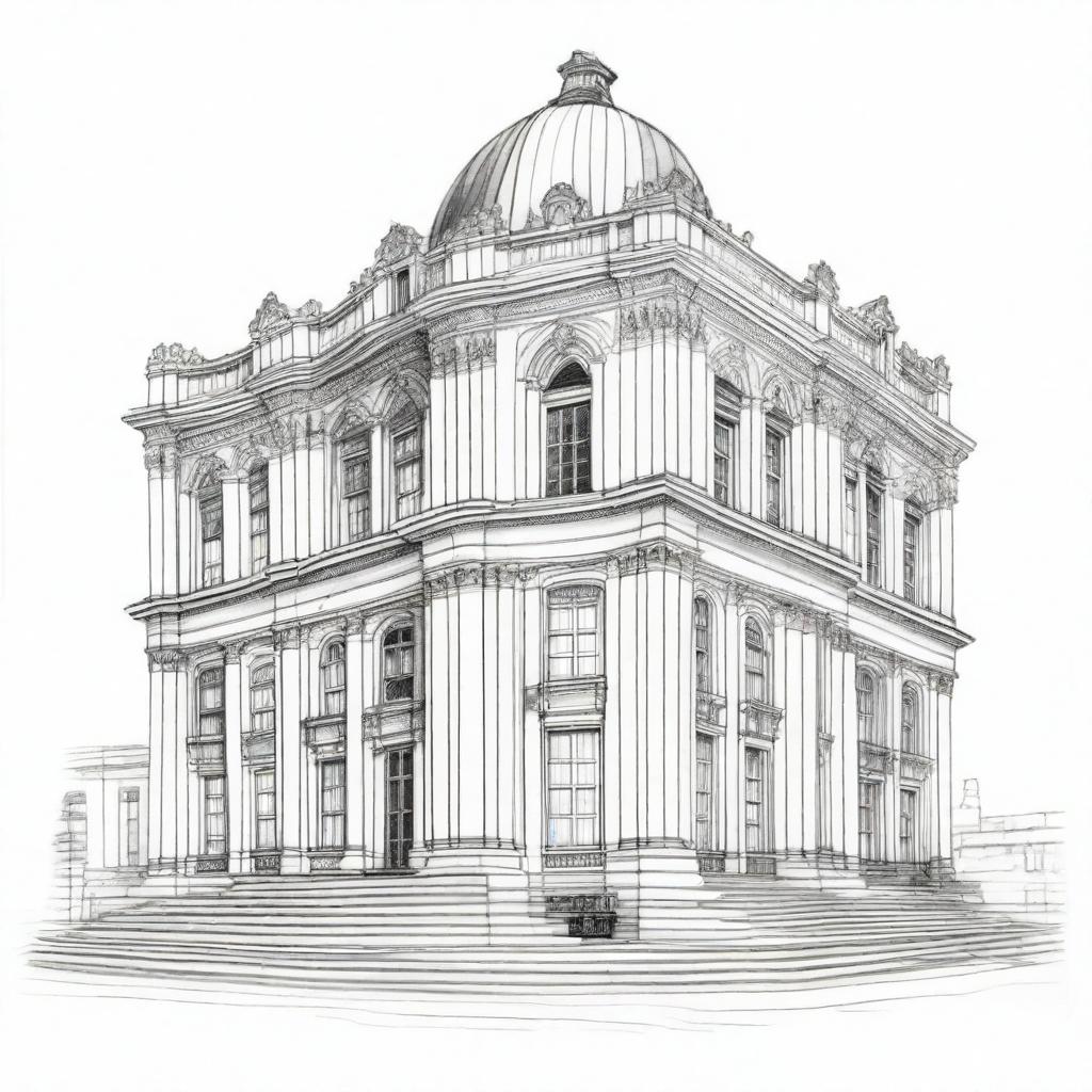 A detailed pencil sketch of a building, ready to be painted