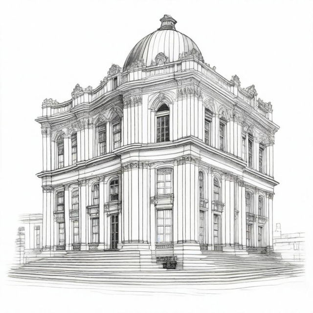 A detailed pencil sketch of a building, ready to be painted