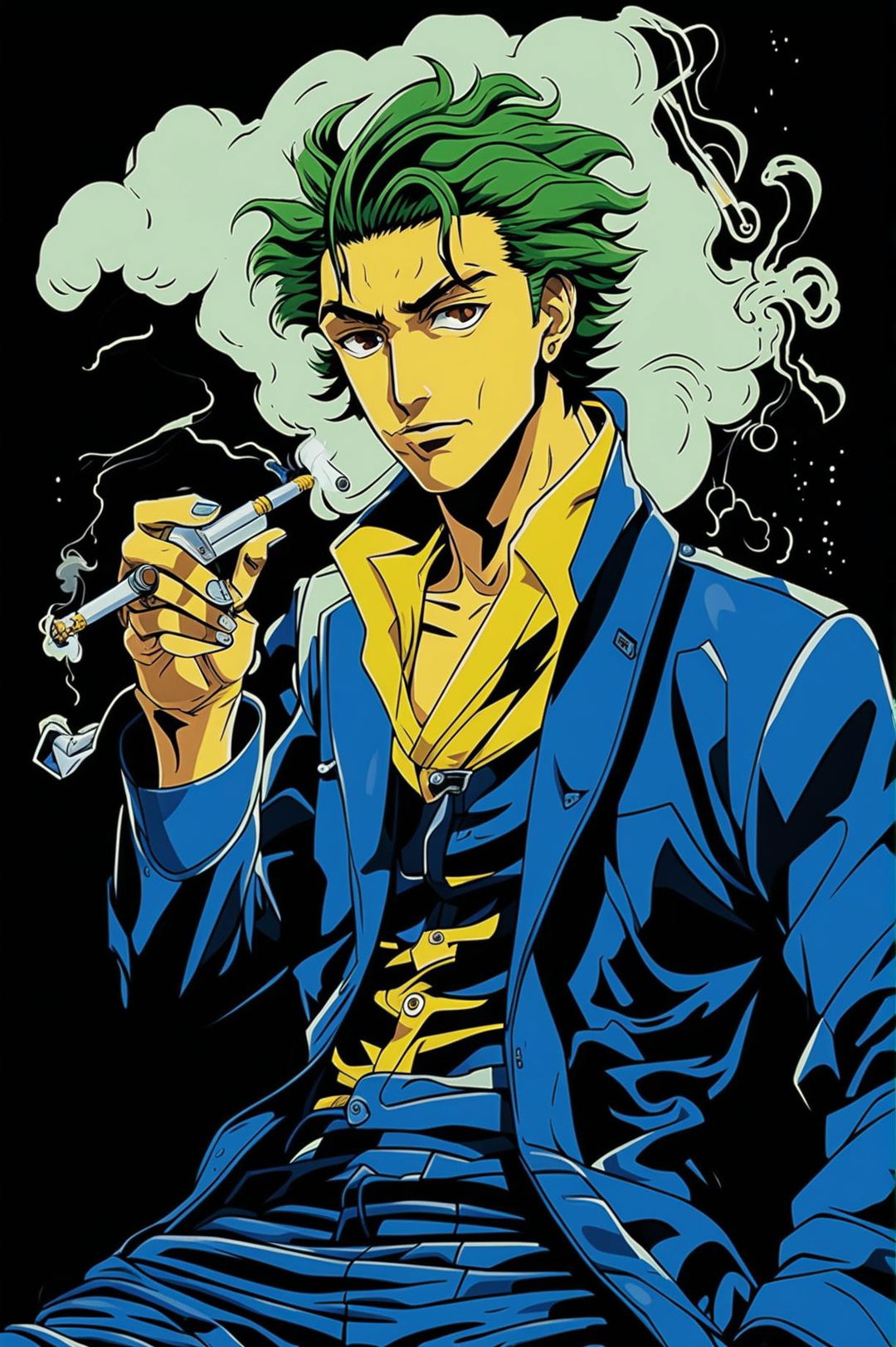 Create an image of Spike Spiegel from Cowboy Bebop, featuring his tall, lean appearance, dark green hair, cybernetic eye, blue leisure suit, yellow shirt, Lupin III-inspired boots, and often a cigarette