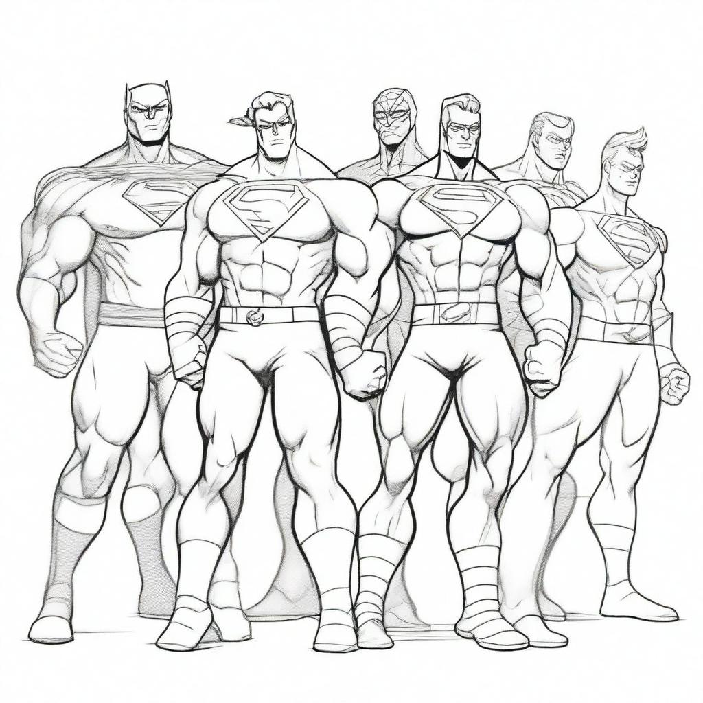 A detailed pencil sketch of a group of superheroes, ready to be painted