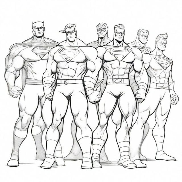 A detailed pencil sketch of a group of superheroes, ready to be painted