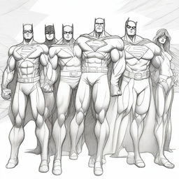 A detailed pencil sketch of a group of superheroes, ready to be painted