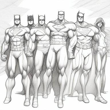 A detailed pencil sketch of a group of superheroes, ready to be painted