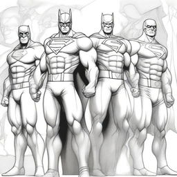 A detailed pencil sketch of a group of superheroes, ready to be painted