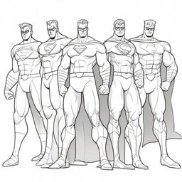 A detailed pencil sketch of a group of superheroes, ready to be painted