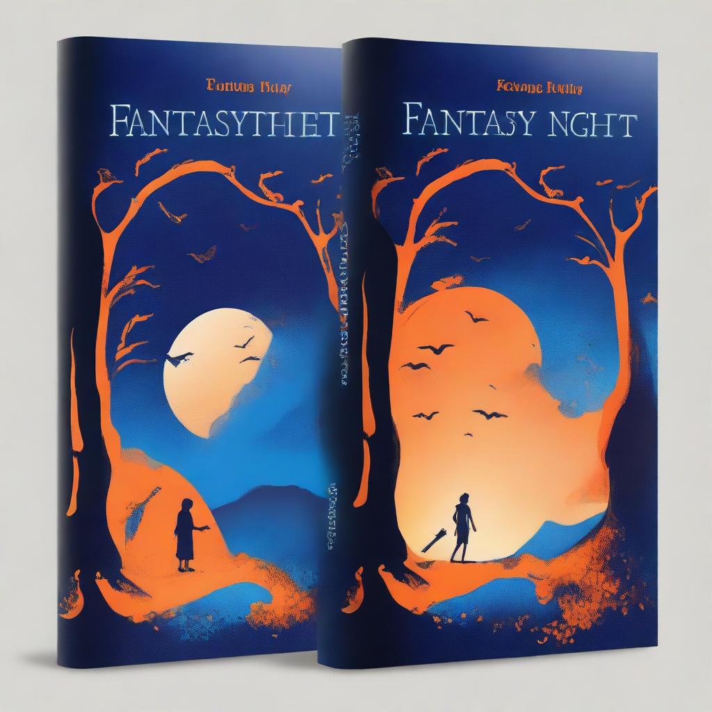 Design a novel cover titled 'Fantasy Night' primarily featuring orange and blue