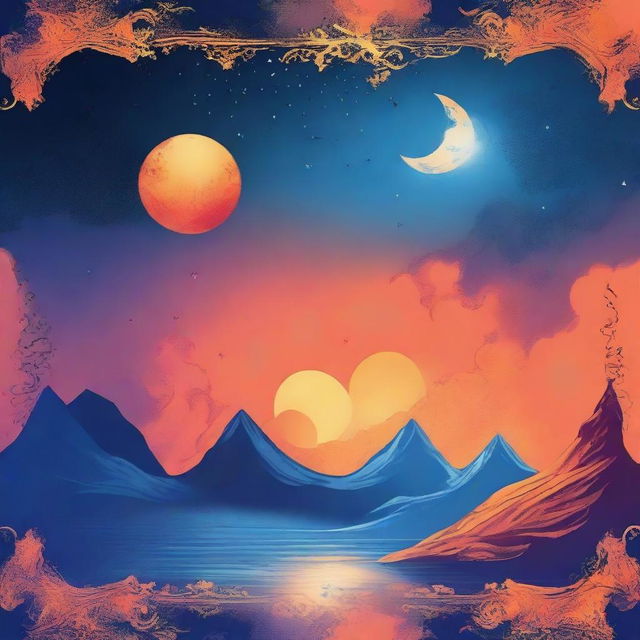 Design a novel cover titled 'Fantasy Night' primarily featuring orange and blue