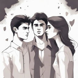 Create a dramatic and emotional illustration depicting a love triangle where two brothers have fallen in love with the same girl