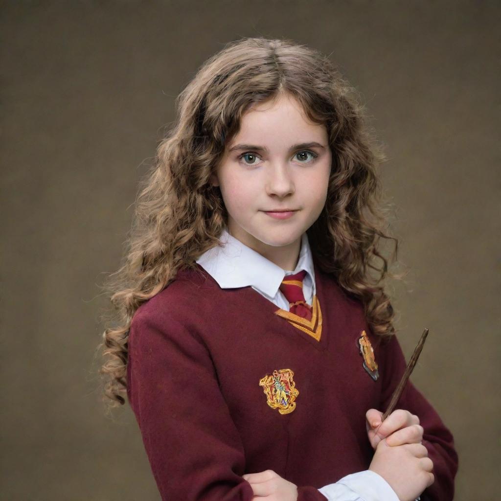 A teenage girl who looks a lot like Hermione Granger and Sirius Black. She wears the Gryffindor uniform and holds a wand, her hair is a mix of Hermione's bushy locks and Sirius' wavy strands. Her eyes are mischievous yet intelligent.