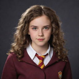 A teenage girl who looks a lot like Hermione Granger and Sirius Black. She wears the Gryffindor uniform and holds a wand, her hair is a mix of Hermione's bushy locks and Sirius' wavy strands. Her eyes are mischievous yet intelligent.