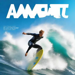 A dynamic and thrilling action sports magazine cover featuring a surfer riding a big wave