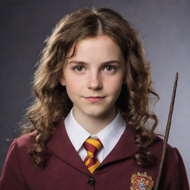 A teenage girl who looks a lot like Hermione Granger and Sirius Black. She wears the Gryffindor uniform and holds a wand, her hair is a mix of Hermione's bushy locks and Sirius' wavy strands. Her eyes are mischievous yet intelligent.