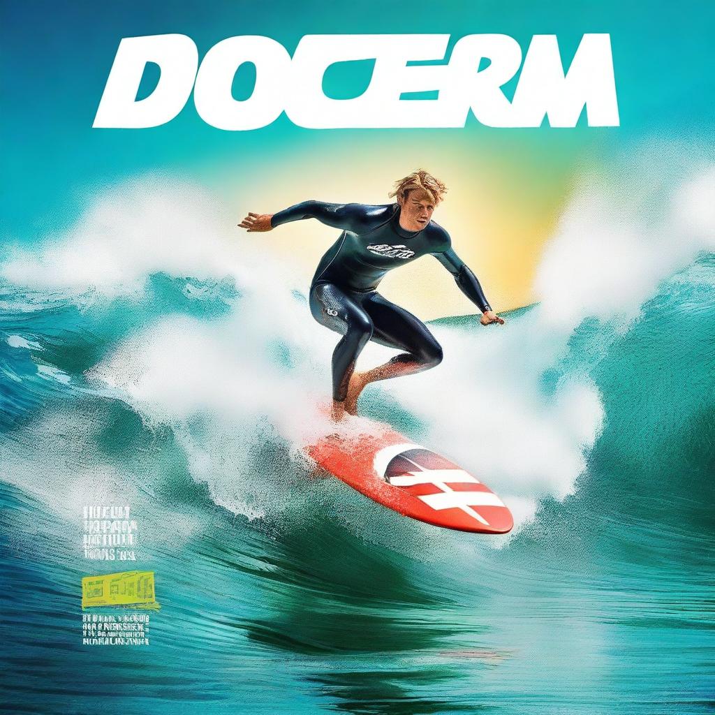 A dynamic and thrilling action sports magazine cover featuring a surfer riding a big wave