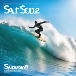 A dynamic and thrilling action sports magazine cover featuring a surfer riding a big wave