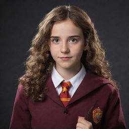 A teenage girl who looks a lot like Hermione Granger and Sirius Black. She wears the Gryffindor uniform and holds a wand, her hair is a mix of Hermione's bushy locks and Sirius' wavy strands. Her eyes are mischievous yet intelligent.