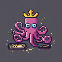 A pixel art logo featuring a grumpy octopus holding a game controller and a hamburger in each tentacle