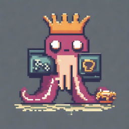 A pixel art logo featuring a grumpy octopus holding a game controller and a hamburger in each tentacle