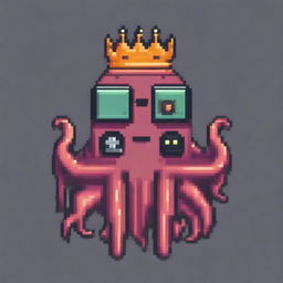 A pixel art logo featuring a grumpy octopus holding a game controller and a hamburger in each tentacle