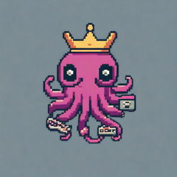 A pixel art logo featuring a grumpy octopus holding a game controller and a hamburger in each tentacle