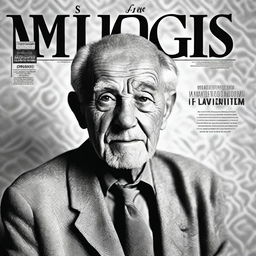 A captivating magazine cover featuring a black and white photo of an old man with a wise and serene expression