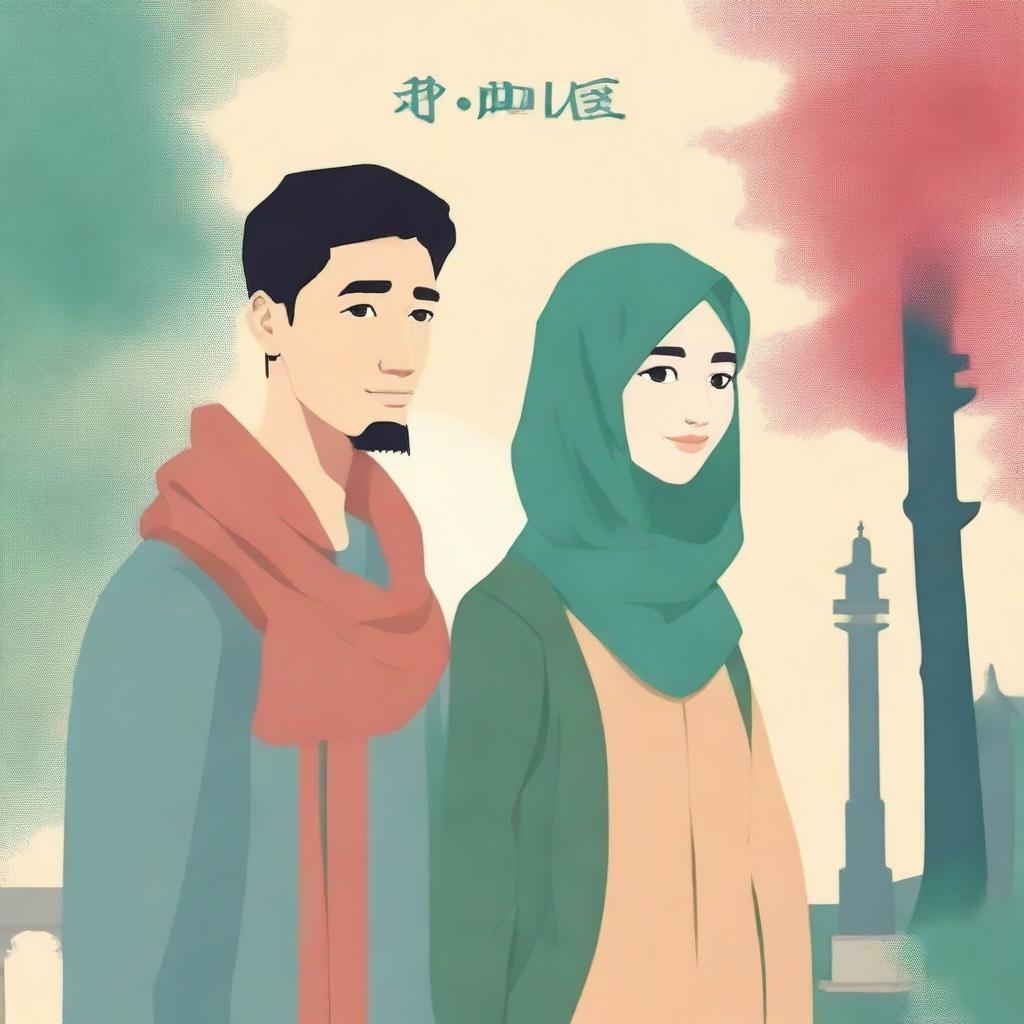 Create a novel cover about the journey of a Muslim woman and an atheist man from different countries