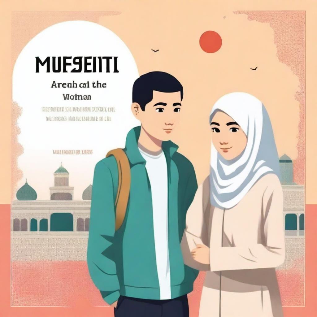 Create a novel cover depicting the journey of a Muslim woman from Indonesia and an atheist man from China