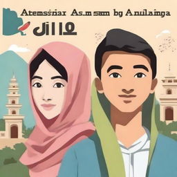 Create a novel cover depicting the journey of a Muslim woman from Indonesia and an atheist man from China