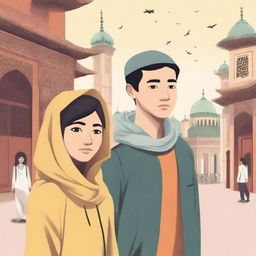 Create a novel cover depicting the journey of a Muslim woman from Indonesia and an atheist man from China