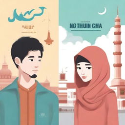 Create a novel cover depicting the journey of a Muslim woman from Indonesia and an atheist man from China