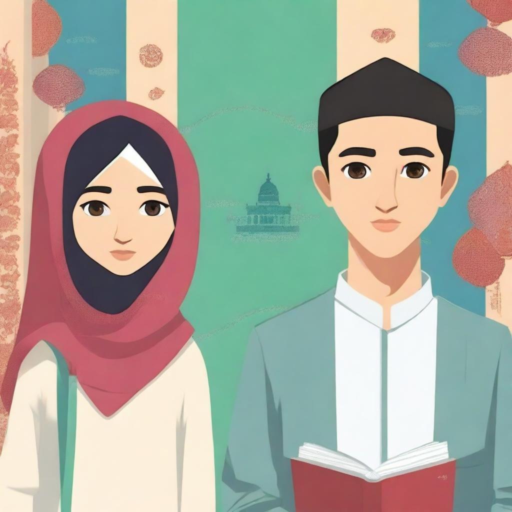 Create a novel cover depicting the journey of a Muslim woman from Indonesia and an atheist man from China