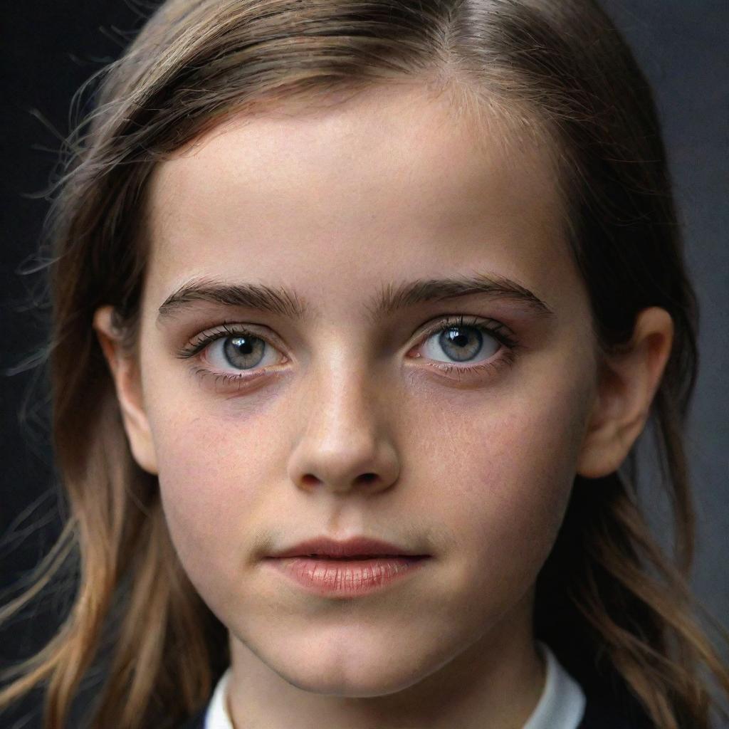 A young girl who has inherited the best features of Emma Watson and Gary Oldman. Her expressive eyes reflect Emma's charm, while her attuned facial features resemble Gary's distinctive look.