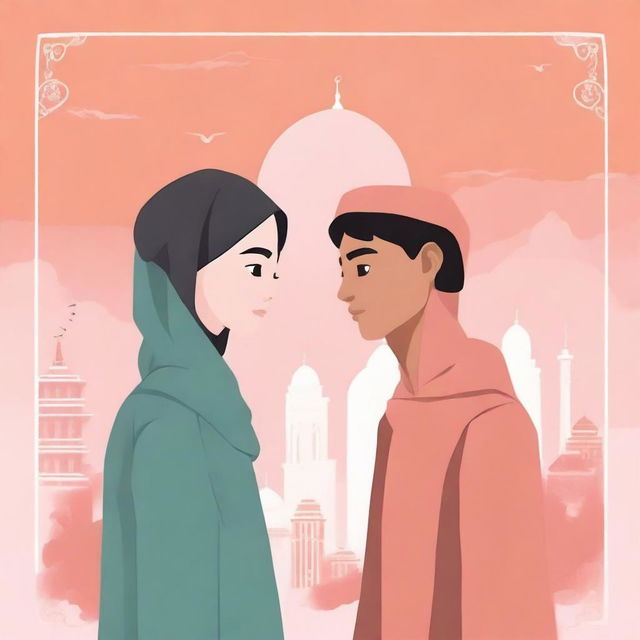 Create a novel cover depicting the journey of a Muslim woman from Indonesia and an atheist man from China