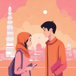 Create a novel cover depicting the journey of a Muslim woman from Indonesia and an atheist man from China