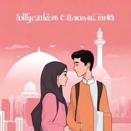 Create a novel cover depicting the journey of a Muslim woman from Indonesia and an atheist man from China