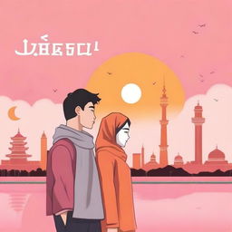 Create a novel cover depicting the journey of a Muslim woman from Indonesia and an atheist man from China