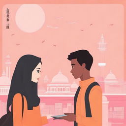 Create a novel cover depicting the journey of a Muslim woman from Indonesia and an atheist man from China