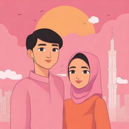 Create a novel cover depicting the journey of a Muslim woman from Indonesia and an atheist man from China