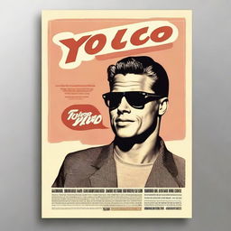 Create a film poster for a 1950s movie titled 'YOLO the movie' starring Brad Pitt