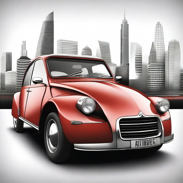 Create an image of a new car model that combines elements of the classic Citroën DS and the Citroën 2CV