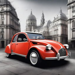 Create an image of a new car model that combines elements of the classic Citroën DS and the Citroën 2CV